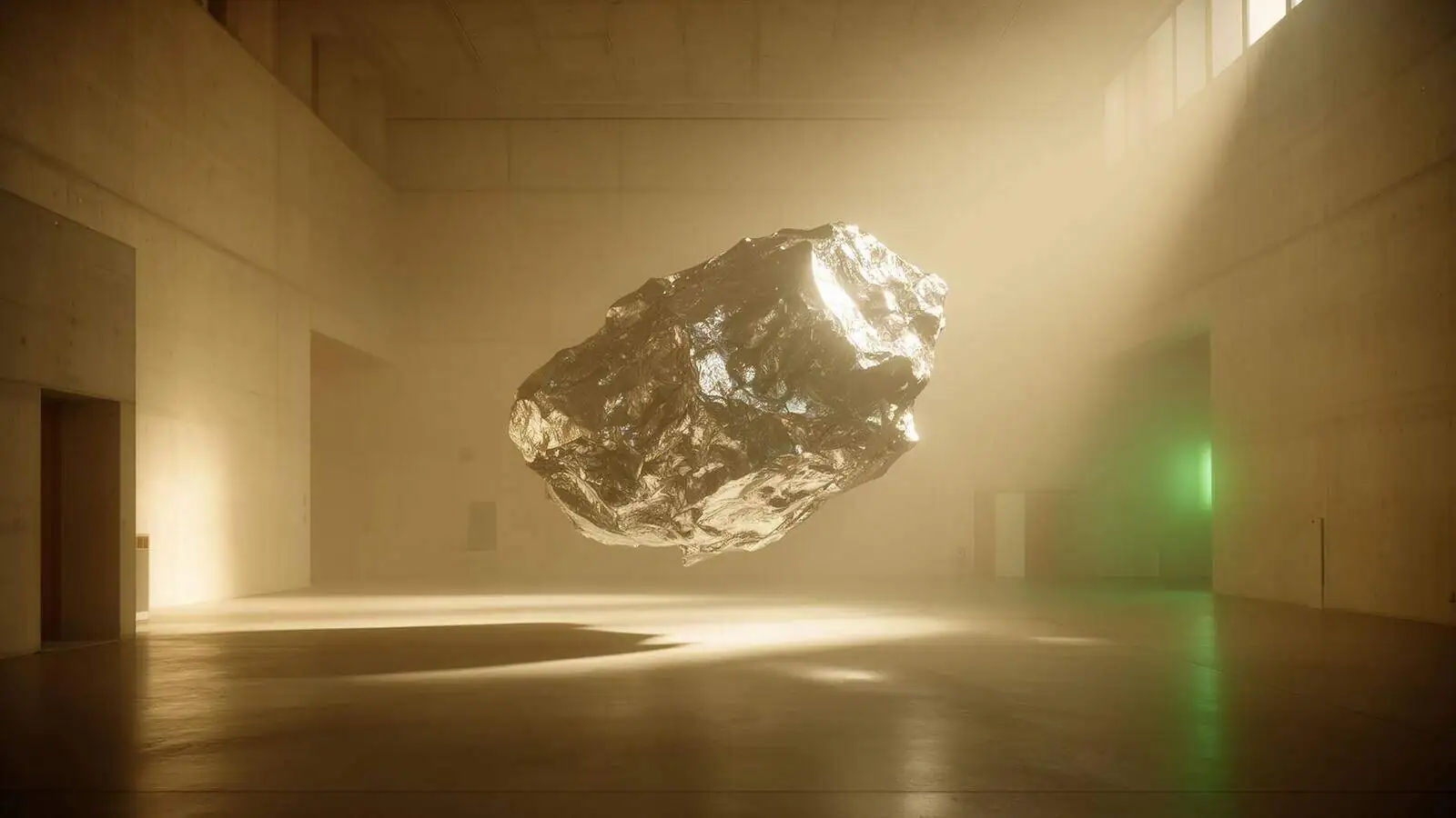 Monolithic chrome sculpture in a brutalist hall — the Krutash runtime substrate