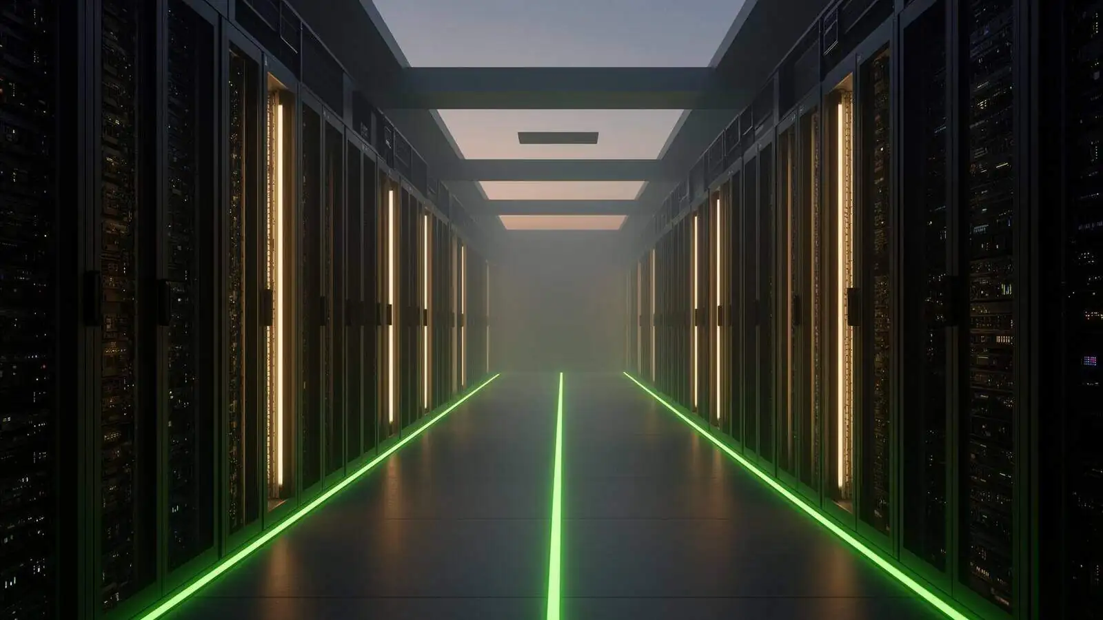 Modern data center corridor with chartreuse accent lighting